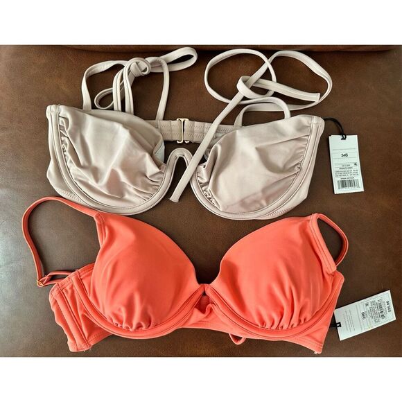 Shade & Shore 2x Bikini Tops Size 34B Coral and Beige New - Picture 1 of 5
